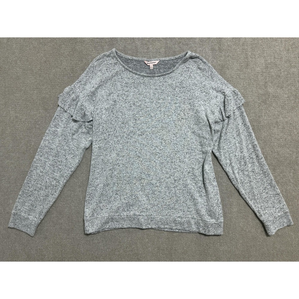 Juicy Couture Sweater‎ Womens Large Gray Heather Ruffle Shoulder Pearl Trim